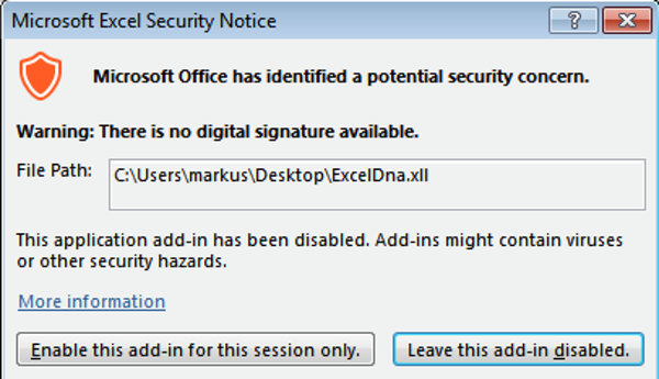 Excel security warning triggered by malicious XLL file.